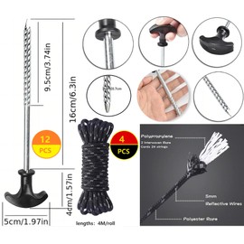 Tent Pegs 12 Tent Pegs Camping Screw Pegs + 4 x Tent Cord for Hard Floors Garden, Camping, Fishing and Camping Hard Ground Pegs Strong Tent Pegs for Screwing Sand Pegs