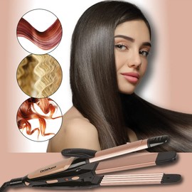 STILY 3 in 1 Ceramic Plate: Smooth, Frisé and Wavy, Rose Gold and Black, Fast Heating - On/Off Button - Lockable Handle - Automatic Shut-Off