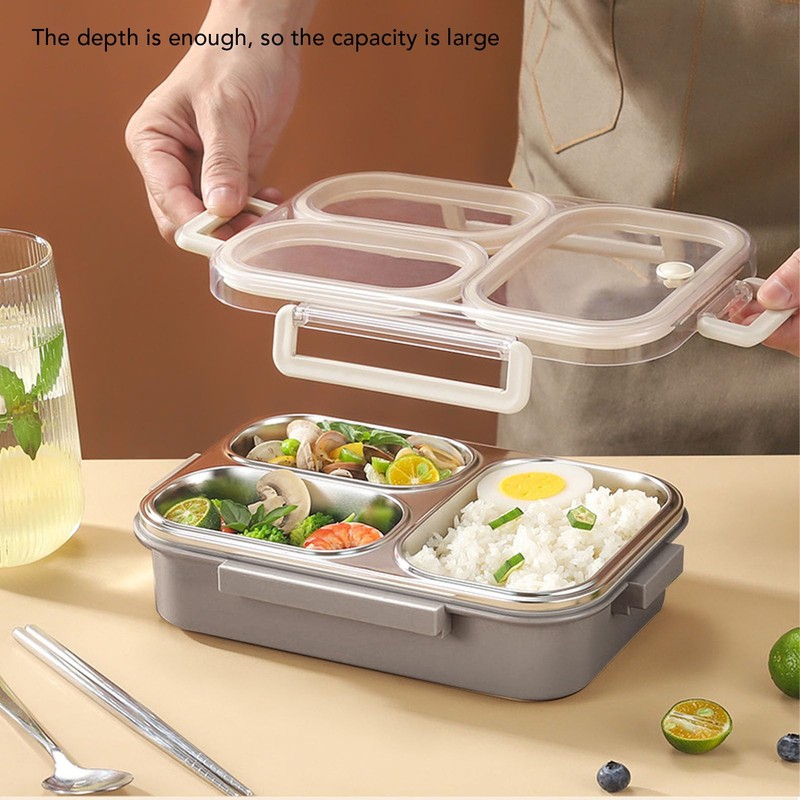 Lunch Box, 1.2L Khaki Stainless Steel Lunch Container 3 Compartments