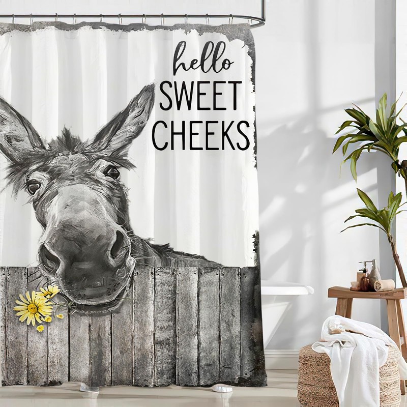 Tijuboni Farmhouse Donkey Shower Curtain, Funny Bathroom Decor, Rustic Country