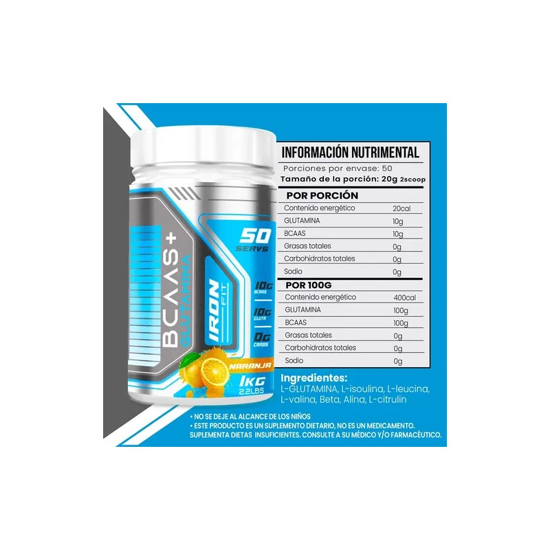 Aminoácidos Bcaas + Glutamina Iron Fit 1kg 100 Servicios