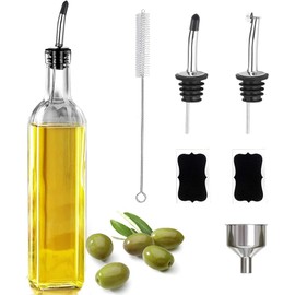 Leaflai Olive Oil Dispenser, 500 ml/17 oz Vinegar and Olive Oil Bottle Dispenser Oil Bottles for Kitchen with 1 Pourers,2 Labels and 1 Funnel, Home Square Tall Glass Oil Container As Gift