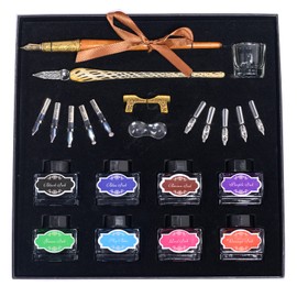 POHNPICE Calligraphy Pen Set，Vintage Fountain Wooden Glass Dip Pen Ink Writing Pen with 8 Colors of Ink 10 Types of Replaceable Nibs 2 Pen Holders Exquisite Present for Beginners