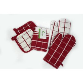 furLong 100% Cotton Eco-Friendly Honey Comb Weave 6-Piece Kitchen Set, 2 Oven mitt, 2 Potholder, 2 Kitchen Towel, Cherry Red