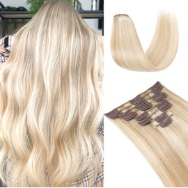 UK-Fashion-Shop Hair Extensions Clips in hair extensions real human hair 8pcs 18 clips Long Straight Natural 14inch(60g)#18P613 Ash Blonde & Bleach Blonde