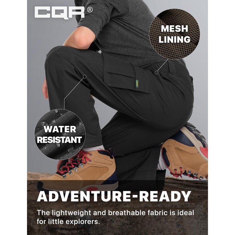 CQR Kids Boy’s Hiking Cargo Pants, Water Resistant UPF 50+