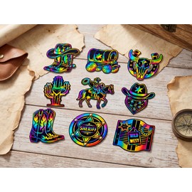 90shine 90 Pcs Western Cowboy Scratch Craft - DIY Rainbow Paper Cards Art Kit with Wooden Stylus for Rodeo Classroom Birthday Party Favors