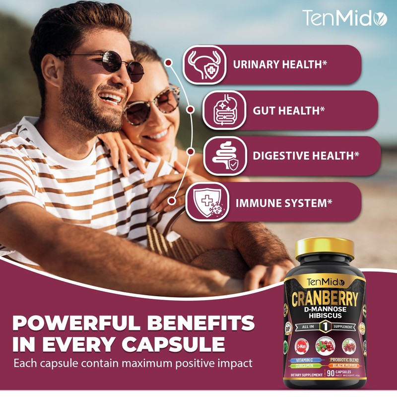 Tenmido Cranberry Supplements - 7in1 with Vitamin C, D-Mannose, Hibiscus,