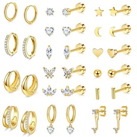 Gold Plated Flat Back Earrings & Hoops Set- 16 Pairs Hypoallergenic Cartilage Studs & Mini Hoop for Women | Threadless Push-in Design, Tiny Star, Moon, Heart, CZ & Chunky Hoops (A Gold)