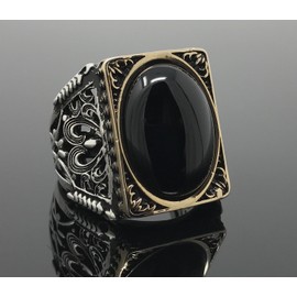 KAR 925K Stamped Sterling Silver Black Onyx Large Men's Ring I1O Gift for Him (12.75)