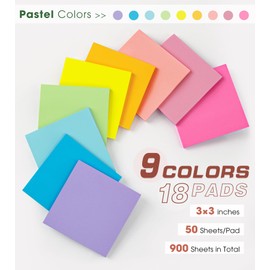 (18 Pads) Sticky Notes, Sticky Notes 3x3 Inches, Colorful Self-Stick Note Pads, Pastel Colors Sticky Notes, Colored Sticky Notes Bulk Sticky Notes, Easy to Post for Home School Office Desk Accessories