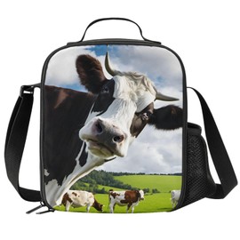 JIMOWANG Cow Insulated Lunch Bag with Shoulder Strap and Bottle Holder Portable Thermal Lunch Container Bag for School Travel Picnic