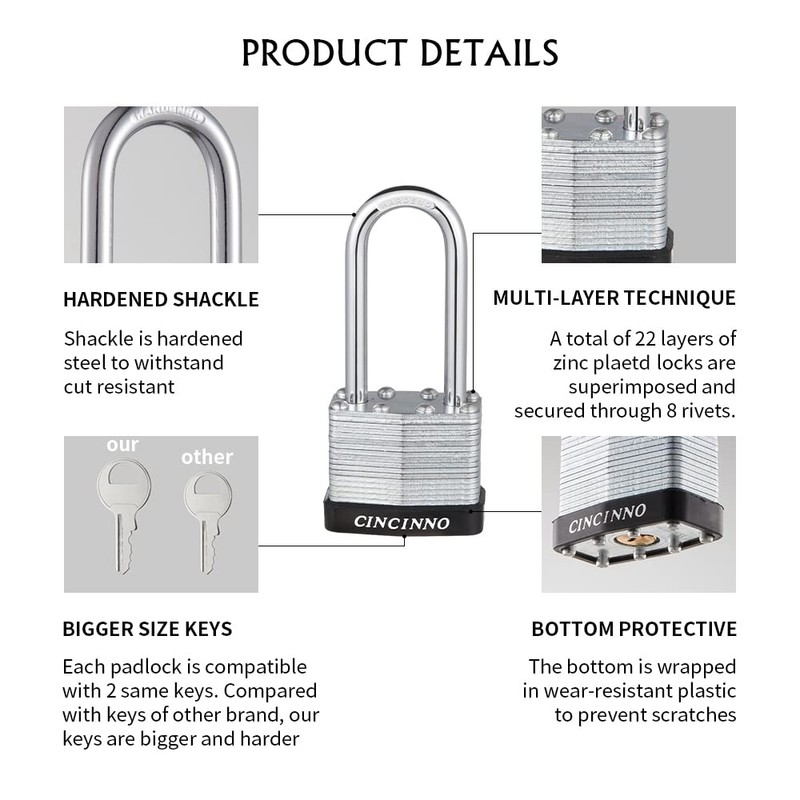 CINCINNO Laminated Steel Padlock with Key，6 Pack Keyed Alike Padlocks