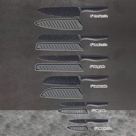 Marco Almond Kitchen Knife Set, KYA39 12-Piece Chef Knife Sets, 6 Knives with 6 Blade Guards, Stainless Steel Knives Set for Kitchen with Covers, Black