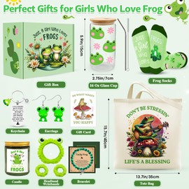 JTAMOHI 10 Pcs Frog Gifts, Frog Lovers Gifts for Women, Cute Frog Stuff with 16 Oz Frog Glass Cup Tote Bag Candle Socks Bracelet Earrings Keychain Headband Wristbands for Birthday Christmas Frog Lover