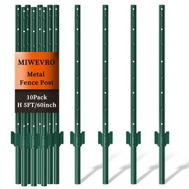10 Pack Garden Fence Post, 5 Feet Heavy Duty Metal U-Post for Wire Fence, No Dig Garden Fence Stakes for Temporary Fencing, Electric Fence Wire, Corner Anchor, and More-Green