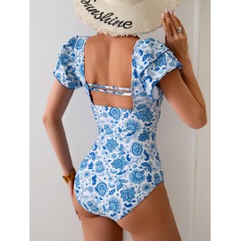 Eomenie Women's Tummy Control One Piece Swimsuit Ruffle Square Neck Bathing Suit Ruched Cutout Back Slimming Swimwear Blue Floral