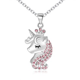 Ever Faith Unicorn Necklace for Girls, 925 Sterling Silver Pink CZ Crown Unicorn Pendant Necklace, Birthday Gift for Daughter Granddaughter
