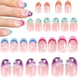 Winsyison 24pcs Colorful Press on Nails, French Tip Press on Nails, Short Oval Acrylic Glue on Fake-Nails Reusable Manicure Supplies Kits for Women Wedding Prom Party Dating