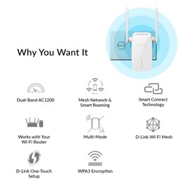 D-Link DAP-1610 AC1200 Wi-Fi Range Extender, Dual-Band WiFi Booster, WPA3 Security, Ethernet Port, Smart LEDs, Works with Any Router, Sleek Design