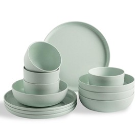 MissYIP 12 Pcs Wheat Straw Dinnerware Sets, Unbreakable Reusable Kitchen Dinnerware Set, Outdoor Camping Dishes, BAP free, Dishwasher Safe（Celadon）