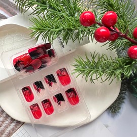 24PCS Christmas Press on Nails Short Red Fake Nails Square False Nails with Glitter Elk Designs Acrylic Nails Xmas Glue on Nails Glossy Short Winter Artificial Nails Stick on Nails for Women Manicure