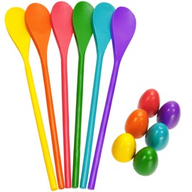 12 Pcs Easter Egg and Spoon Race Game Set, 6 Players Carnival Egg and Spoon Relay Game, Wooden Egg Spoon Balance Carnival Games for Easter Birthday Holiday Outdoor Family Activities