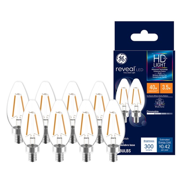 GE Reveal LED Light Bulbs, 40 Watt Eqv, HD+ Light, Decorative Clear Bulbs, Small Base (8 Pack)