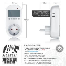Bearware Socket Thermostat - Plug Thermostat - Digital Plug In Thermostat - Individually Programmable - 2 Inch LCD Display - Blue Backlight - for Heating and Air Conditioners