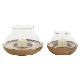 Deco 79 Wood Tealight Hurricane Lamp, Set of 2 4", 3"H, Brown