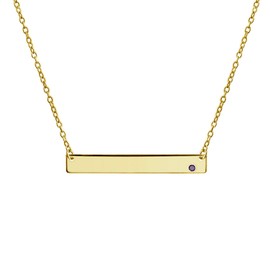 Engravable Sideways Bar Name Plated Pendant Necklace Women Lavender Birth Month Crystal 14K Gold Plated Sterling Silver