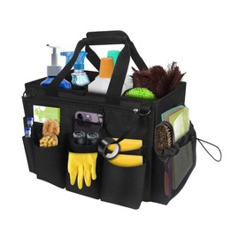 Qivine Cleaning Caddy with Handle, Cleaning Supply Caddy Foldable Tool Bag Cleaning Products Organizers Portable Cleaning Bucket Organiser for Storing Towels（Black Square）