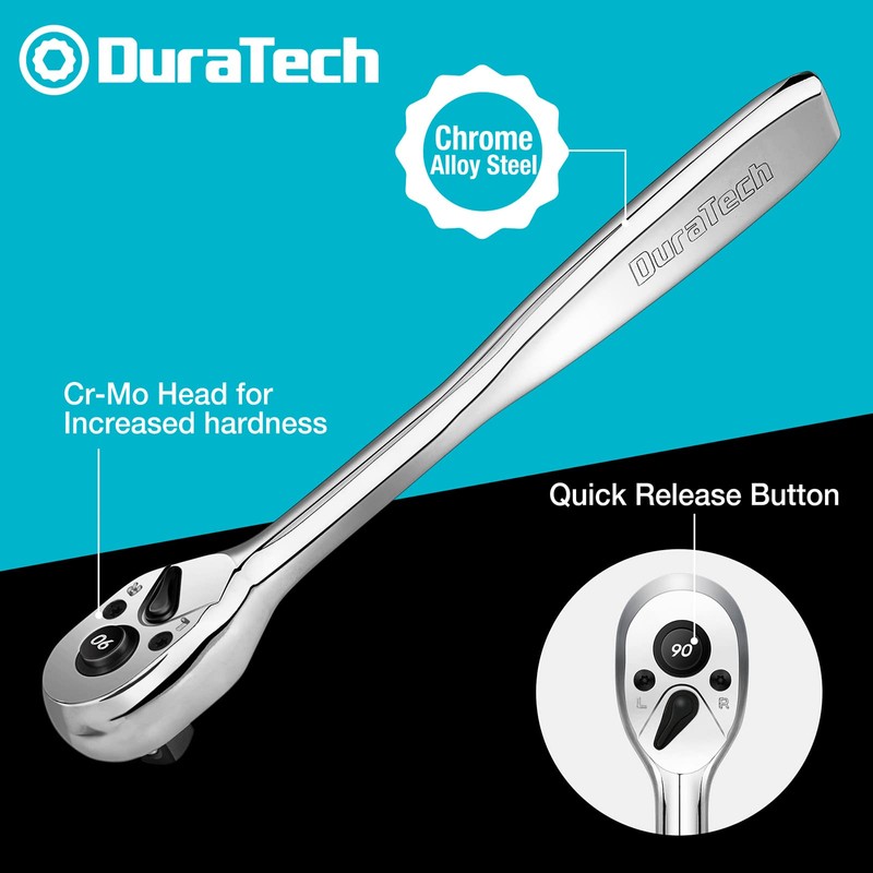 DURATECH 3/8-Inch Drive Ratchet, 90-Tooth Ratchet Wrench, Quick-release, Reversible Switch,