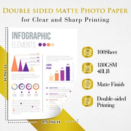 A-SUB Double Sided Matte Photo Paper 100 Sheets 8.5X11 Inches 48lb 180gsm Presentation Paper for Inkjet Printers for Reports Charts Printing
