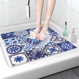 Shower Mats Non-Slip 60 x 60 cm Shower Mat Beautiful Soft Shower Mat Non-Slip Shower Tray Mat Non-Slip Safe Comfortable Standing in the Shower, Can Be Cut to Size, Highly Efficient Drainage (Blue)