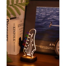 Light Up Guitar Pick Holder with 6 Picks, Acacia Wood & Acrylic Guitar Headstock Shaped Pick Holder Case for Guitar Pick Storage & Display, Guitar Music Accessories Gifts for Men Lover Player