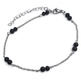 HH Jewellery Black Lava Bead Anklet Slim Stainless Steel Chain with 4mm Stone Beads - Adjustable Size : 9-11 inches