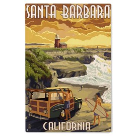 Lantern Press 10x15 Inch Wood Sign, Ready to Hang Wall Decor, Santa Barbara, California, Woody and Lighthouse