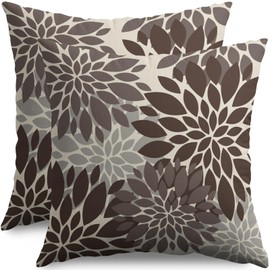 Dark Brown Grey Gray Pillow Covers 18X18 Inch Set of 2, Dahlia Flower Spring Summer Floral Cream Decorative Throw Pillow Covers Outdoor Modern Farmhouse Cushion Case for Home Couch Sofa Bed Decor