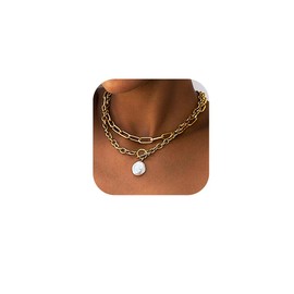 Jovono Punk Pearl Pendant Necklaces Layered Gold Cuban Link Necklace Chains OT Clasp Choker Stackable Necklace for Women /, /