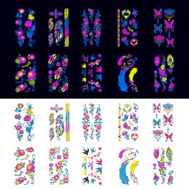 Neon Temporary Tattoo,10 Sheet Glow in the Dark UV Neon Body Face Skin Tattoo Flash Fake Butterfly Flower Waterproof Tattoo Stickers for Women Girls Female Party Decorations Accessories