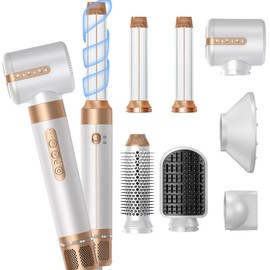 Blow Dryer Brush 7 in ONE，Autowrap Curling Wand, 110,000 RPM High-Speed Negative Ionic Hair Dryer with Diffuser Concentrator, Round Brush Blow Dryer Air Styler, Volumizing Hair Styling Tools