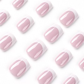 24PCS French False Nails Medium - Nude Press on Nails French Tip - Strong Fake Nails with Glue - Square Stick on Nails for Women Girl - Full Cover Nail Tips and Glue on Nails Natural