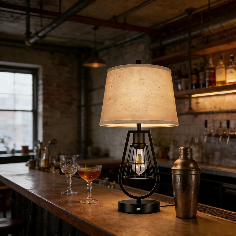 cattino Farmhouse Table Lamps with USB Ports, Industrial Bedside Lamps