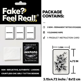 INKPOPO 3 Sheets Semi-Permanent Tattoos for Adults | 7-15 Days Longwear | Waterproof & Realistic Finish | Adult Art Temporary Tattoos | Flower Series 040