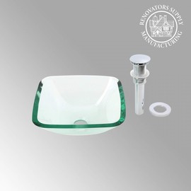 Small Square Vessel Glass Bathroom Sink Combo Set With Modern Pop-Up Drain Clear Mini Bath Bowl Sink Space Saving Countertop Vanity Easy Install Renovators Supply Manufacturing