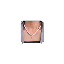 Wedding Pearl Strand Necklace Round White Pearl Necklace Beaded Bridal Pearl Choker Dainty Bead Pearl Chain Silver Crystal Cz Cross Necklace Rhinestone Cross Pendant Necklace Jewelry for Women