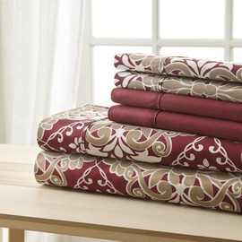 Spirit Linen home SL EST. 1988 - Queen Sheets, Super Soft Traditional Home Microfiber Bedding Set, Lightweight Home Decor & Ideal for All Seasons, Queen, Burgundy Damask