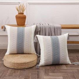 Tosleo Boho Gray Striped Throw Pillow Covers 18x18 Set of 2 with Tassels Neutral Decorative Pillowcase Farmhouse Rustic Retro Cushion Case Bohemian Home Spring Decor for Wedding Bedroom Living Room
