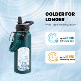 RAYMYLO Insulated Water Bottle 32 oz, Triple Wall Vacuum Stainless Steel (Cold for 48 Hrs), Leak Proof & Non-BPA, Modern Water Flask Jug with Paracord Handle & Straw Spout Lids, Dark Green